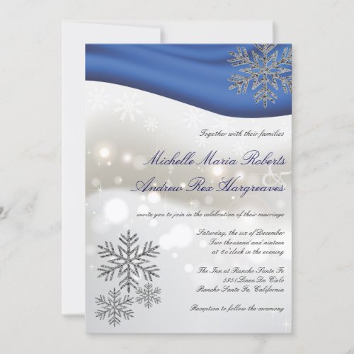 Royal Blue Silver Glitter Snowflake Winter Wedding Invitation