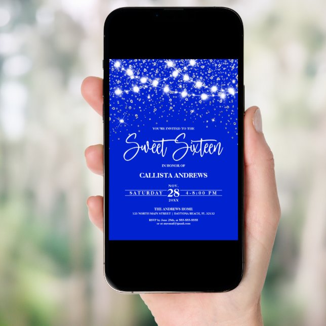Royal Blue Silver Glitter Sparkles Lights Sweet 16 Invitation (Front Digital)