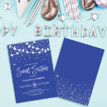 Royal Blue Silver Glitter Sparkles Lights Sweet 16 Invitation<br><div class="desc">This majestic and glamorous sweet sixteen birthday party invitation is perfect for the girly girl. It features glowing hanging light strands on top of faux printed silver sparkly glitter confetti on a royal blue background inspired by stars in the night sky. It's pretty, chic, modern, trendy, and cool; the perfect...</div>