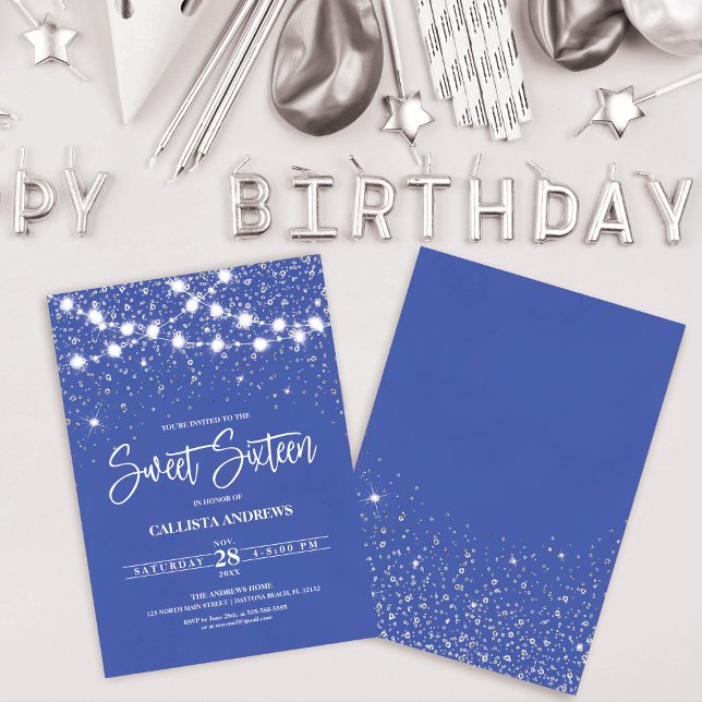 Royal Blue Silver Glitter Sparkles Lights Sweet 16 Invitation (Creator Uploaded)
