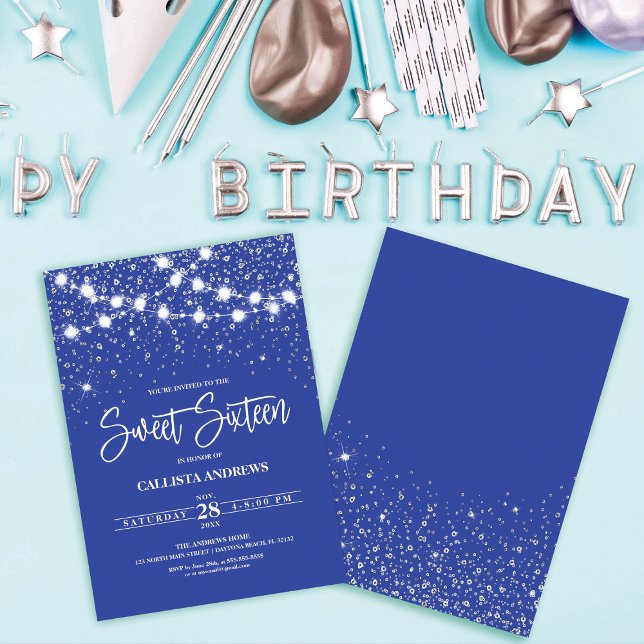 Royal Blue Silver Glitter Sparkles Lights Sweet 16 Invitation (Creator Uploaded)