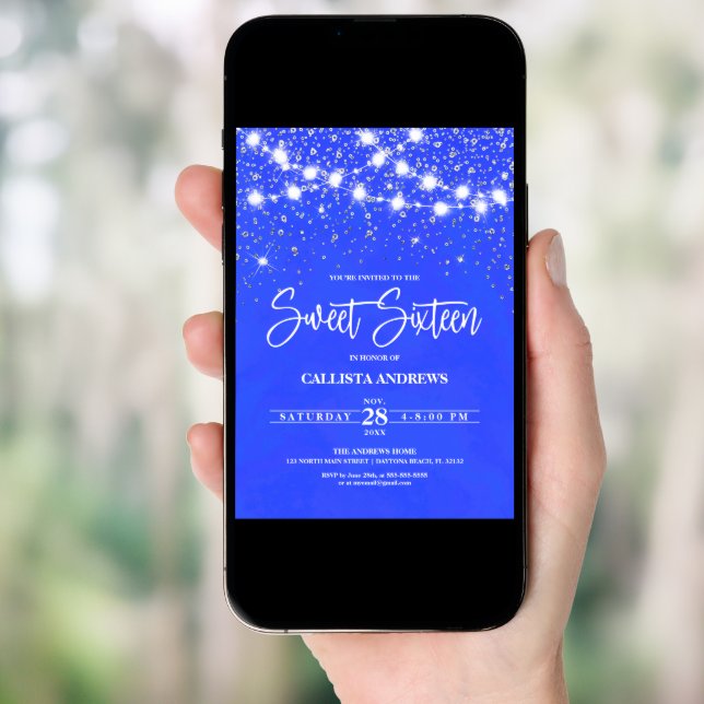 Royal Blue Silver Glitter Sparkles Lights Sweet 16 Invitation (Front Digital)
