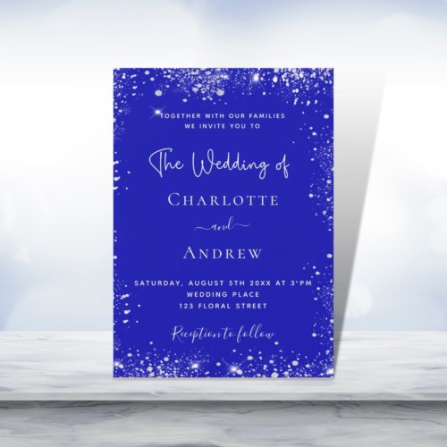 Royal blue silver glitter sparkles wedding invitation