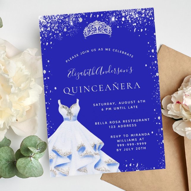 Royal blue silver glitter tiara dress Quinceanera Invitation (Creator Uploaded)