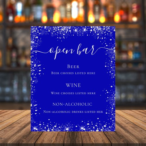 Royal blue silver glitter wedding bar menu