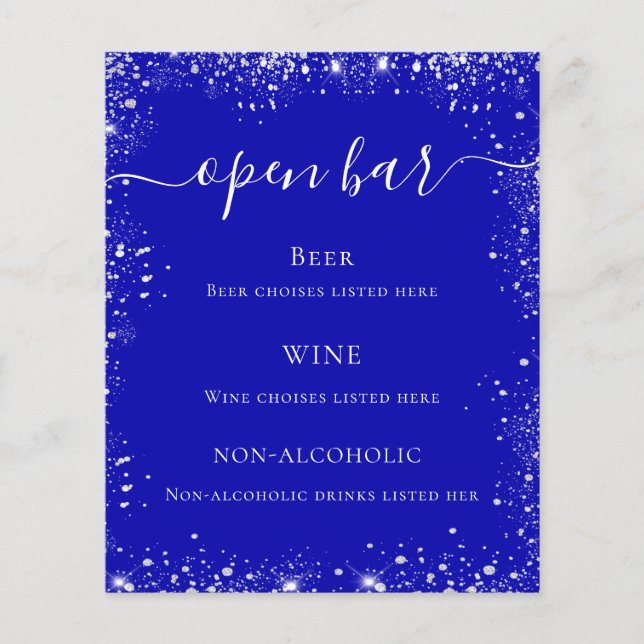 Royal blue silver glitter wedding bar menu flyer (Front)