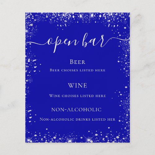 Royal blue silver glitter wedding bar menu flyer