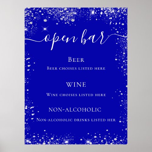 Royal blue silver glitter wedding bar menu poster