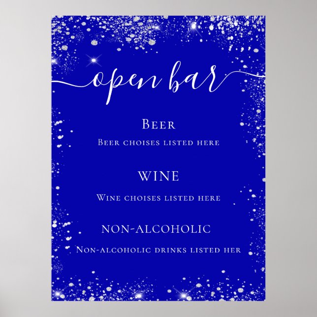Royal blue silver glitter wedding bar menu poster (Front)
