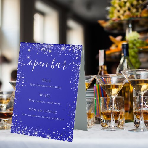 Royal blue silver glitter wedding bar menu table tent sign