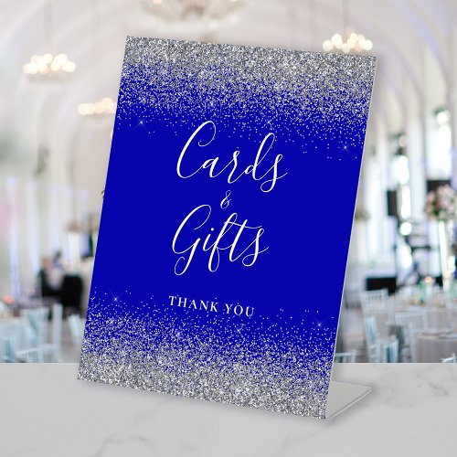 Royal Blue Silver Glitter Wedding Cards and Gifts Pedestal Sign