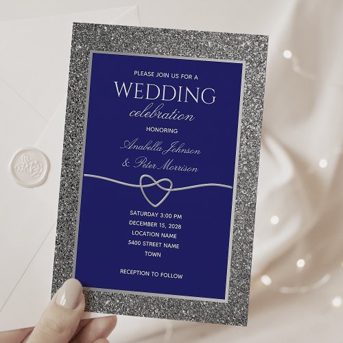 Royal Blue Silver Glitter Wedding Invitation