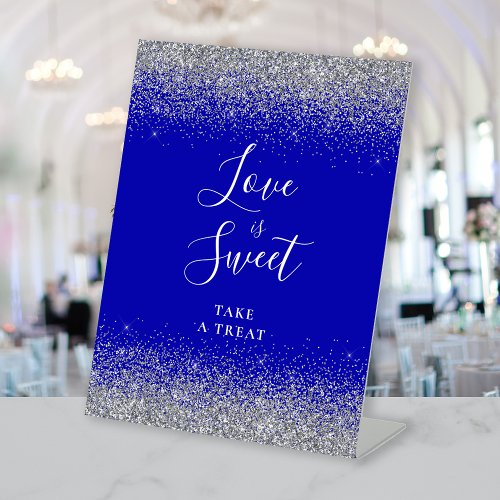 Royal Blue Silver Glitter Wedding Love Is Sweet Pedestal Sign