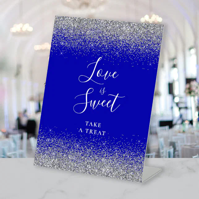 Royal Blue Silver Glitter Wedding Love Is Sweet Pedestal Sign | Zazzle