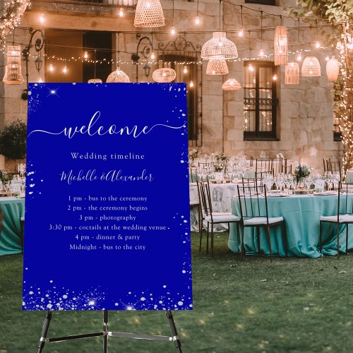 Royal blue silver glitter wedding program timeline foam board