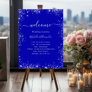 Royal blue silver glitter wedding program timeline foam board