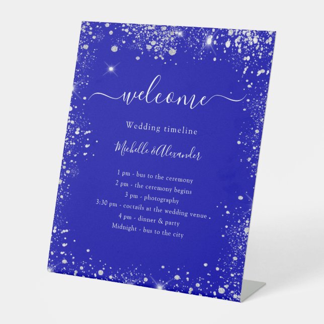 Royal blue silver glitter wedding program timeline pedestal sign (Front)