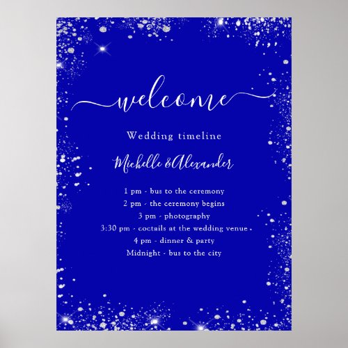 Royal blue silver glitter wedding program timeline poster