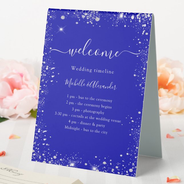 Royal blue silver glitter wedding program timeline table tent (In SItu (Wedding))