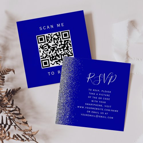 Royal Blue Silver Glitter Wedding QR Code RSVP Enclosure Card