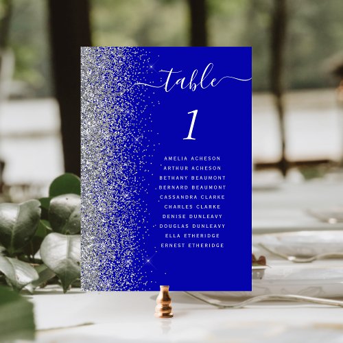 Royal Blue Silver Glitter Wedding Table Number