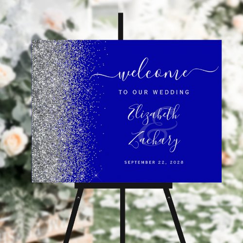 Royal Blue Silver Glitter Wedding Welcome Sign