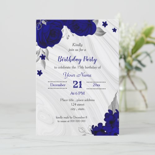 royal blue silver gray birthday party invitation