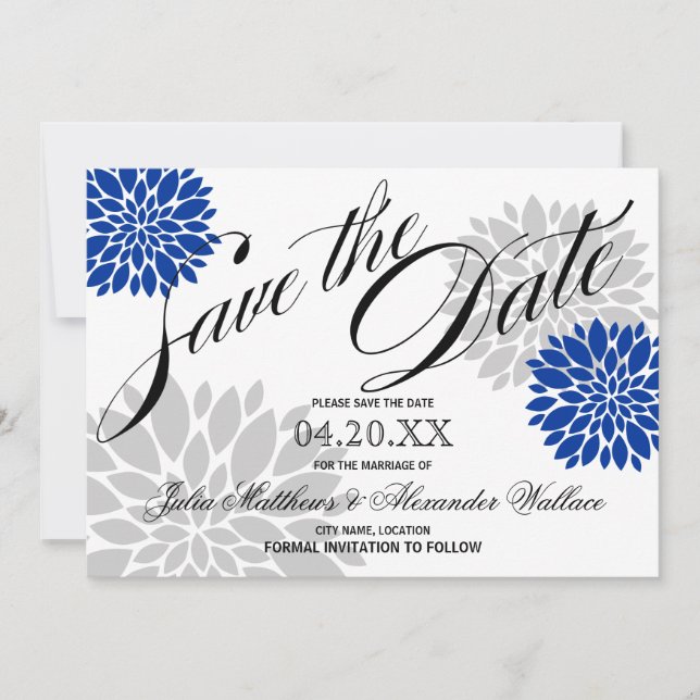 Royal Blue Silver-Gray Burst Script Save The Date (Front)