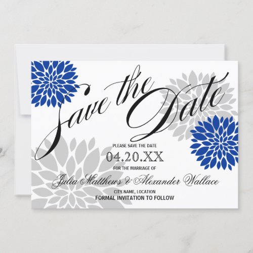 Royal Blue Silver-Gray Burst Script Save The Date