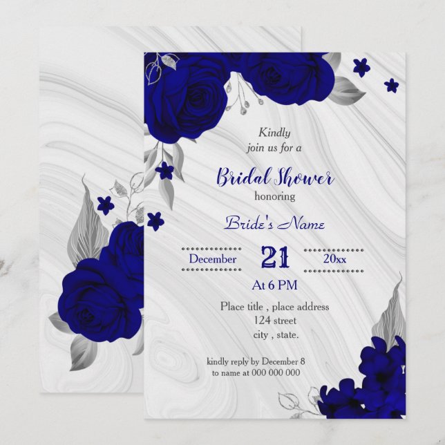 royal blue silver gray floral bridal shower invitation (Front/Back)