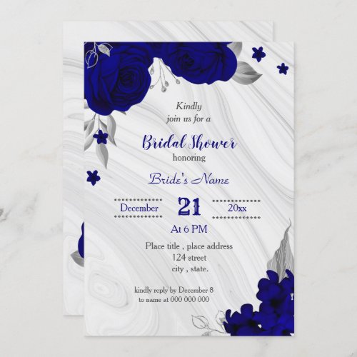royal blue silver gray floral bridal shower invitation