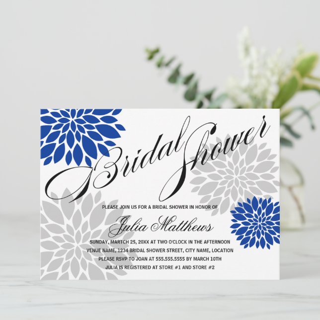 Royal Blue Silver-Gray Floral Burst Bridal Shower Invitation (Standing Front)