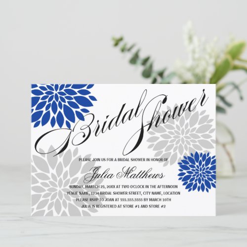Royal Blue Silver-Gray Floral Burst Bridal Shower Card