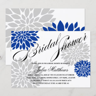 Royal Blue Silver-Gray Floral Burst Bridal Shower Invitation