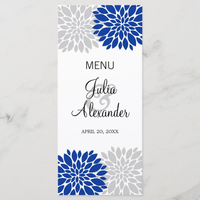 Royal Blue Silver-Gray Floral Burst Menu (Front)