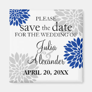 Royal Blue Silver-Gray Floral Burst Save The Date Magnet