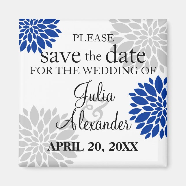 Royal Blue Silver-Gray Floral Burst Save The Date Magnet (Front)