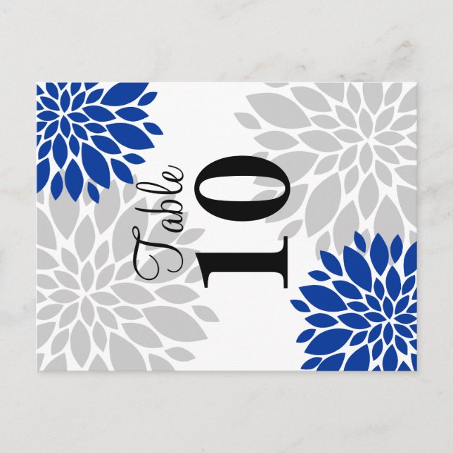 Royal Blue Silver-Gray Floral Burst Table Number (Front)