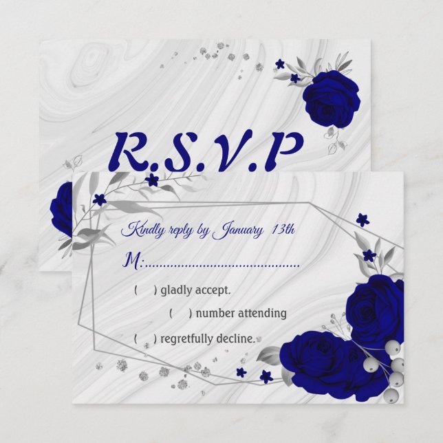 royal blue silver gray floral geometric RSVP card (Front/Back)