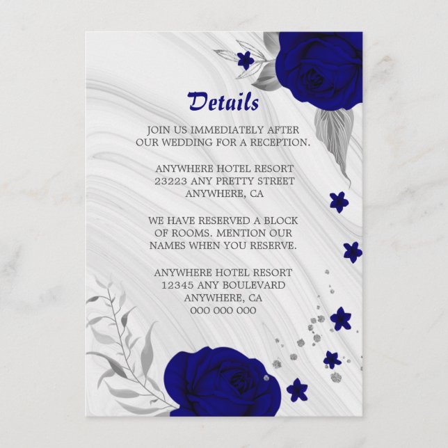 royal blue silver gray floral marble details enclosure card (Front)