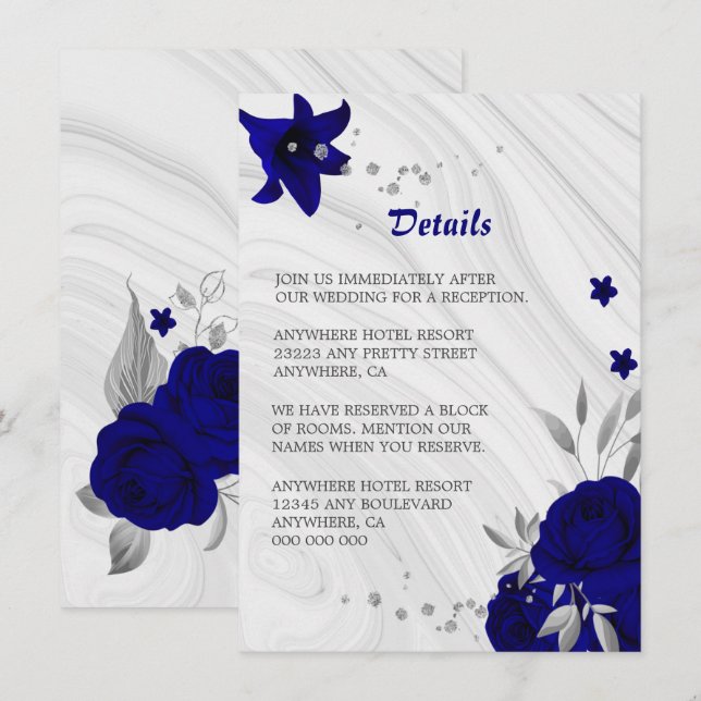 royal blue silver gray floral marble details enclosure card (Front/Back)