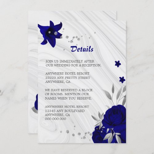 royal blue silver gray floral marble details enclosure card