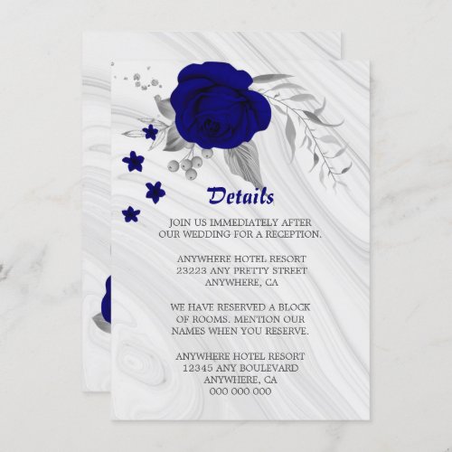 royal blue silver gray floral marble details enclosure card