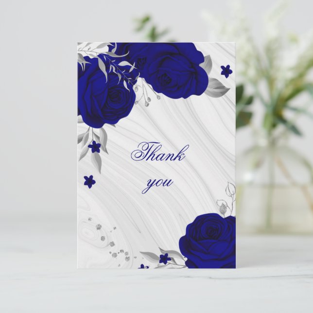 royal blue silver gray floral marble thank you car (Standing Front)