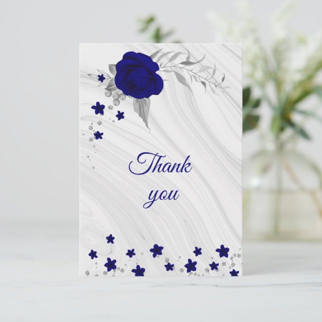 royal blue silver gray floral marble thank you car (Standing Front)