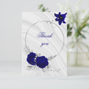 royal blue silver gray floral marble thank you card