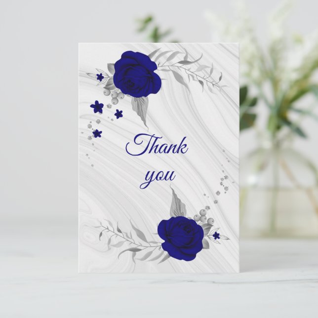 royal blue silver gray floral marble thank you card (Standing Front)
