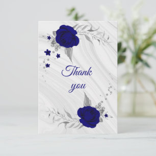 royal blue silver gray floral marble thank you card