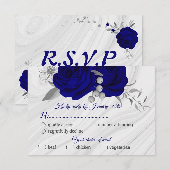 royal blue silver gray floral meal choice RSVP card (Front/Back)