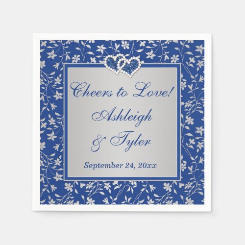 Royal Blue Silver Gray Floral Paper Wedding Napkins